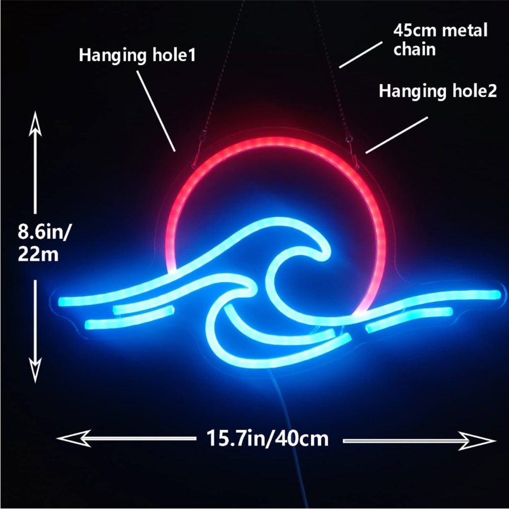 Ocean Wave Sunset Neon Blue Red Light Bedroom Outdoor Indoor Japanese Wall Decor - Picture 4 of 7